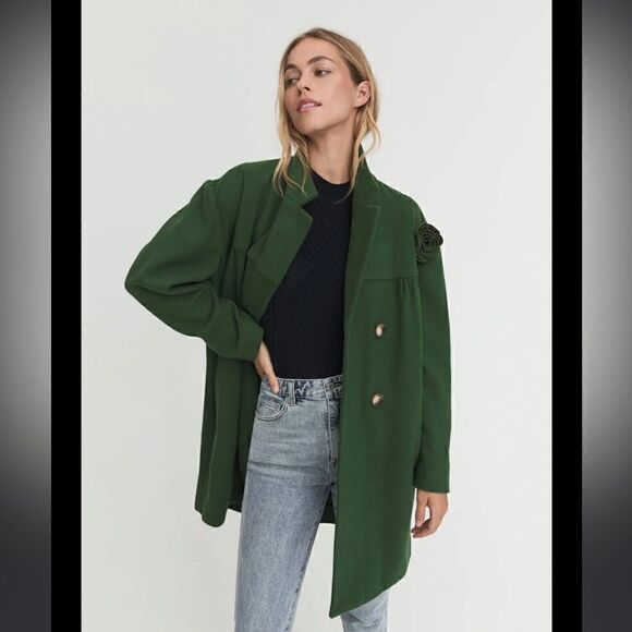 Something Navy Wool Blend Double Breasted Coat Green Women’s - Picture 2 of 14